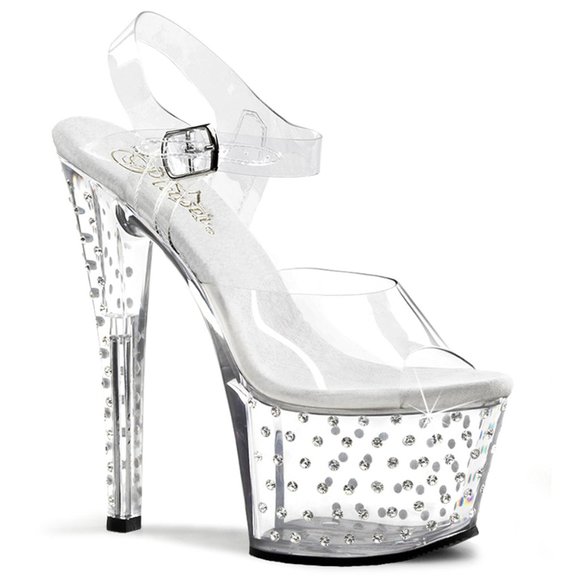 Pleaser Stardust 708 7" Heel 2 3/4" Rhinestone Clear Platform Ankle Sandal Heels - Picture 1 of 4